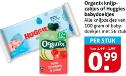Hoogvliet Organix knijp zakjes of Huggies babydoekjes aanbieding