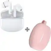 Bol.com Cazy Draadloze Oordopjes Bluetooth met Active Noise Cancelling (Wit) + Siliconen Hoesje (Roze) aanbieding