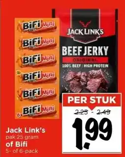 Vomar Voordeelmarkt Jack Link's pak 25 gram of Bifi 5- of 6-pack aanbieding