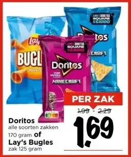Vomar Voordeelmarkt Doritos alle soorten zakken 170 gram of Lay's Bugles zak 125 gram aanbieding