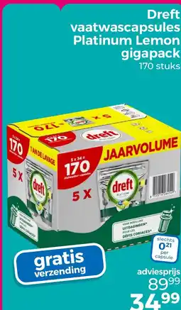Trekpleister Dreft vaatwascapsules Platinum Lemon gigapack aanbieding