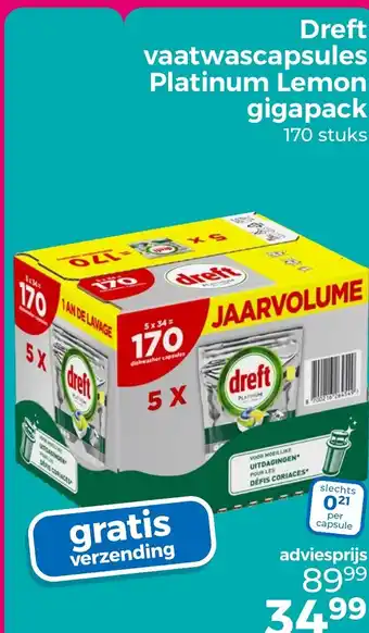 Trekpleister Dreft vaatwascapsules Platinum Lemon gigapack aanbieding