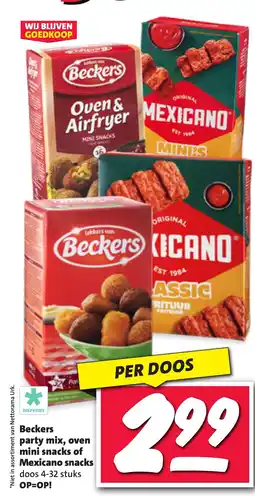 Nettorama Beckers party mix, oven mini snacks of Mexicano snacks aanbieding