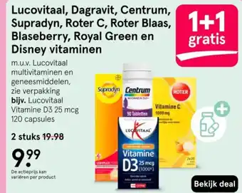 Etos Lucovitaal, Dagravit, Centrum, Supradyn, Roter C, Roter Blaas Blaseberry, Royal Green en Disney vitaminen aanbieding