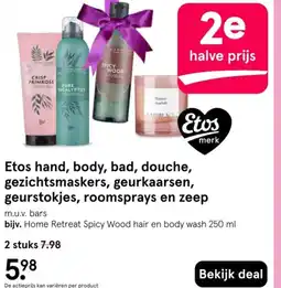 Etos Etos hand, body, bad, douche, gezichtsmaskers, geurkaarsen, geurstokjes, roomsprays en zeep aanbieding