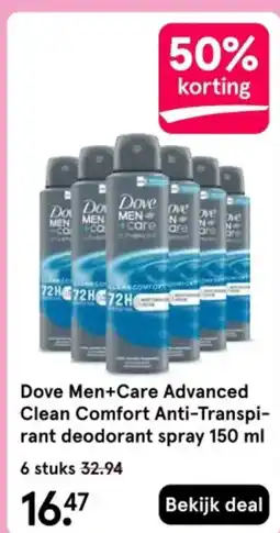 Etos Dove Men+Care Advanced Clean Comfort Anti-Transpi rant deodorant spray aanbieding