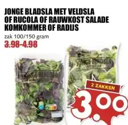 MCD Supermarkt JONGE BLADSLA MET VELDSLA OF RUCOLA OF RAUWKOST SALADE KOMKOMMER OF RADUS aanbieding