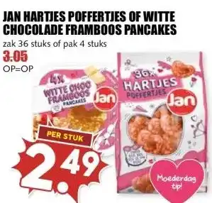 MCD Supermarkt JAN HARTJES POFFERTJES OF WITTE CHOCOLADE FRAMBOOS PANCAKES aanbieding