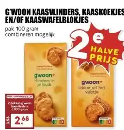 MCD Supermarkt G'WOON KAASVLINDERS, KAASKOEKJES  EN/OF KAASWAFELBLOKJES aanbieding