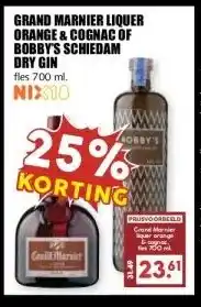 MCD Supermarkt GRAND MARNIER LIQUER ORANGE & COGNAC OF BOBBY'S SCHIEDAM DRY GIN aanbieding