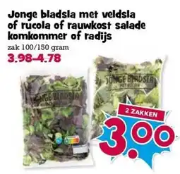 Boon`s Markt Jonge bladsla met veldsla of rucola of rauwkost salade komkommer of radijs aanbieding