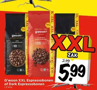 Vomar Voordeelmarkt G'woon XXL Espressobonen of Dark espressobonen 1.2kg aanbieding