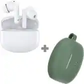 Bol.com Cazy Draadloze Oordopjes Bluetooth met Active Noise Cancelling (Wit) + Siliconen Hoesje (Groen) aanbieding