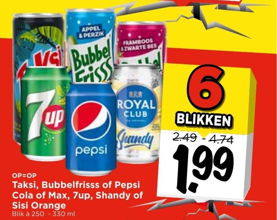 Taksi, Bubbelfriss of Pepsi Cola of Max, 7up, Shandy of Sisi orange 6*