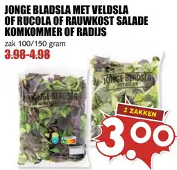 De Boerenschuur Jonge bladsla met veldsla of rucola of rauwkost salade komkommer of radijs aanbieding