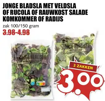 De Boerenschuur Jonge bladsla met veldsla of rucola of rauwkost salade komkommer of radijs aanbieding
