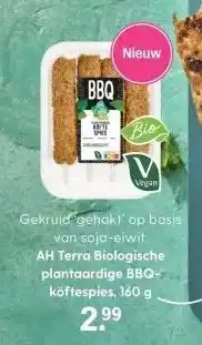 Albert Heijn AH Terra Biologische plantaardige BBQ- köftespies, 160 g aanbieding