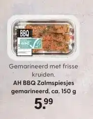 Albert Heijn AH BBQ Zalmspiesjes gemarineerd, ca. 150 g aanbieding