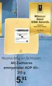 Albert Heijn AH Zwitserse emmentaler AOP 45+, 215 g aanbieding