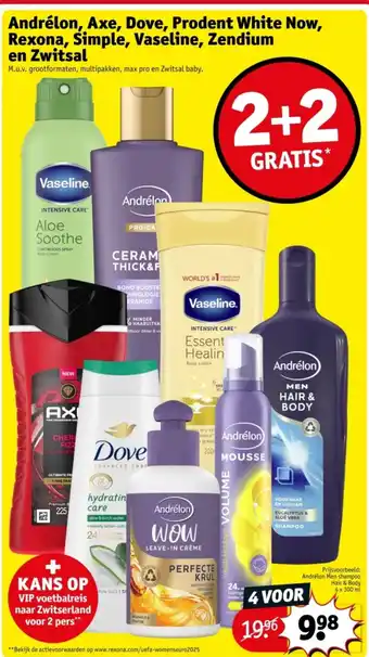 Kruidvat Andrélon, Axe, Dove, Prodent White Now, Rexona, Simple, Vaseline, Zendium aanbieding