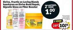 Kruidvat Elvive, Fructis en Loving Blends haarkuren en Elvive Bond Repair, Glycolic Gloss en Fiber Booster aanbieding