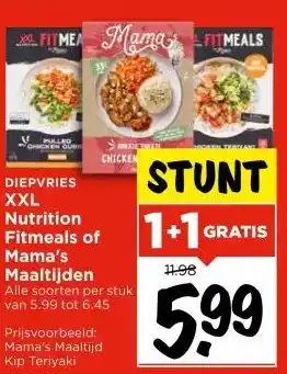 Vomar Voordeelmarkt DIEPVRIES XXL Nutrition Fitmeals of Mama's Maaltijden aanbieding