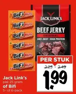Vomar Voordeelmarkt Jack Link's pak 25 gram of Bifi 5- of 6-pack aanbieding