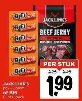Vomar Voordeelmarkt Jack Link's pak 25 gram of Bifi 5- of 6-pack aanbieding