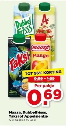 PLUS Maaza, Dubbelfrisss, Taksi of Appelsientje aanbieding