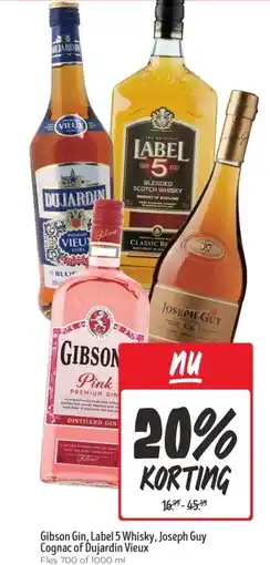Jumbo Gibson Gin, Label 5 Whisky, Joseph Guy Cognac of Dujardin Vieux aanbieding