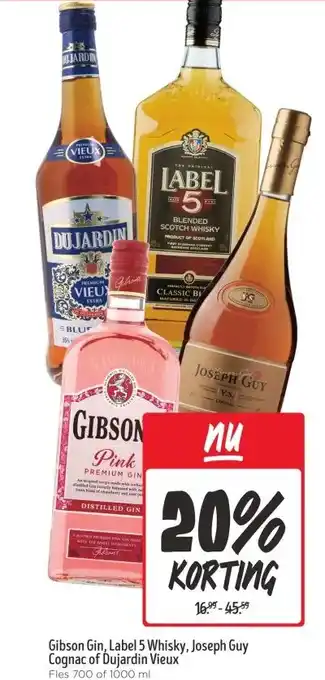 Jumbo Gibson Gin, Label 5 Whisky, Joseph Guy Cognac of Dujardin Vieux aanbieding