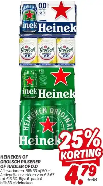 Dekamarkt HEINEKEN OF  GROLSCH PILSENER OF RADLER OF 0.0 aanbieding