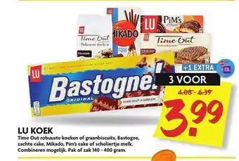 Dekamarkt Lu Koek Time Out Robuuste Koeken Of Graanbiscuits, Bastogne, Zachte Cake, Mikado, Pim's Cake Of Scholiertje Melk aanbieding