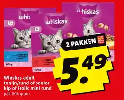 Boni Whiskas adult tonijn rund of senior kip of frolic mini rund aanbieding