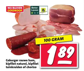 Nettorama Coburger rauwe ham kipfilet naturel kipfilet tuinkruiden of chorizo aanbieding