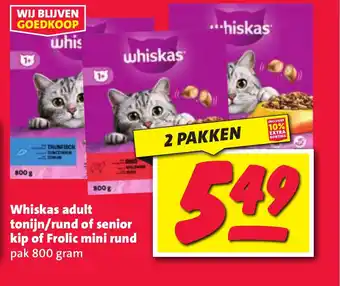 Nettorama Whiskas adult tonijn rund of senior kip of Frolic mini rund aanbieding