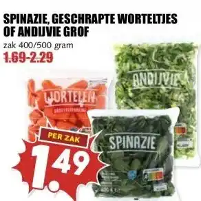 MCD Supermarkt SPINAZIE, GESCHRAPTE WORTELTJES OF ANDUVIE GROF aanbieding