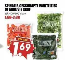 MCD Supermarkt SPINAZIE, GESCHRAPTE WORTELTJES OF ANDIJVIE GROF aanbieding