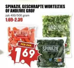 MCD Supermarkt SPINAZIE, GESCHRAPTE WORTELTJES OF ANDIJVIE GROF aanbieding
