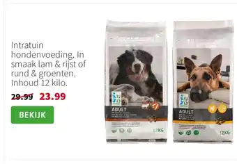 Intratuin Intratuin hondenvoeding. In smaak lam & rijst of rund & groenten. Inhoud 12 kilo. aanbieding