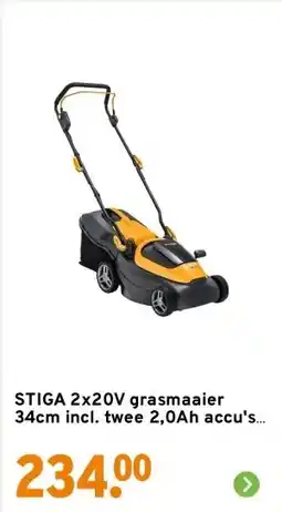 GAMMA STIGA 2x20V grasmaaier 34cm incl. twee 2,0Ah accu's + dubbele lader aanbieding