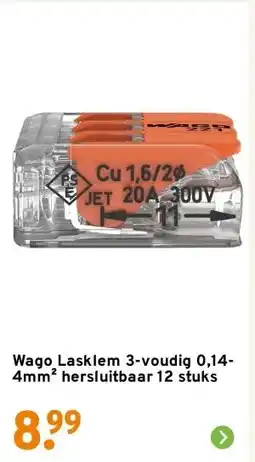 GAMMA Wago Lasklem 3-voudig 0,14-4mm² hersluitbaar 12 stuks aanbieding