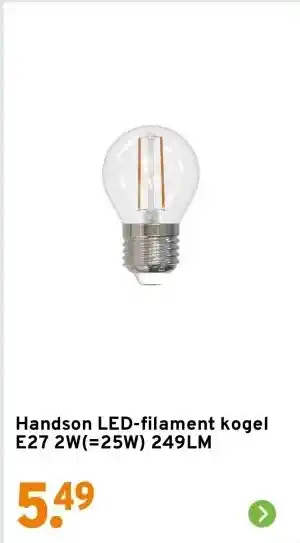 GAMMA Handson LED-filament kogel E27 2W(=25W) 249LM aanbieding