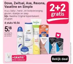 Etos Dove, Zwitsal, Axe, Rexona, Vaseline en Simple aanbieding
