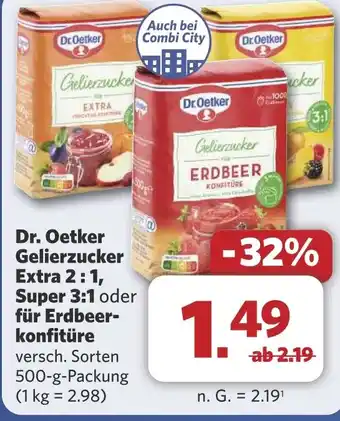 Combi Dr. Oetker Gelierzucker Extra 2:1, Super 3:1 oder für Erdbeer- konfitüre aanbieding