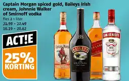 Poiesz Captain Morgan spiced gold, Baileys Irish cream, Johnnie Walker of Smirnoff vodka aanbieding