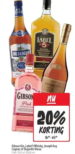 Jumbo Gibson Gin, Label 5 Whisky, Joseph Guy Cognac of Dujardin Vieux aanbieding