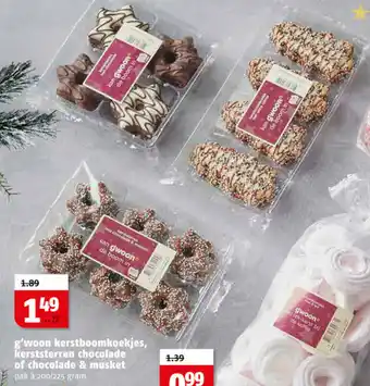 Poiesz G'woon Kerstboomkoekjes, kerststerren chocolade of chocolade & musket 200/225g aanbieding