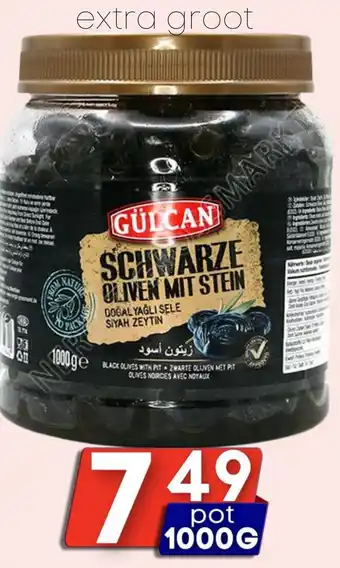 Özbaktat Supermarkt Gülcan zwarte olijven extra groot aanbieding