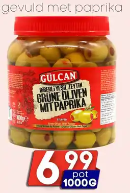 Özbaktat Supermarkt Gülcan groene olijven gevuld met paprika aanbieding